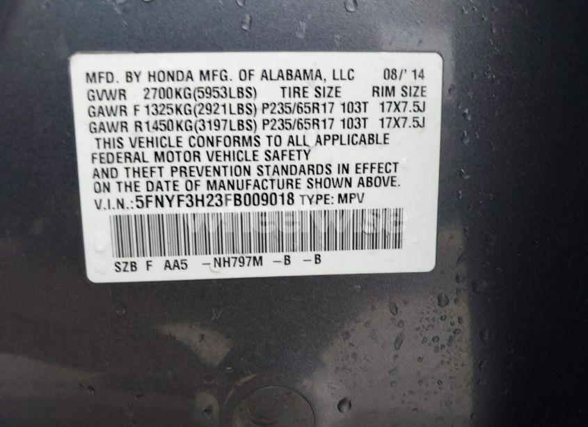 Photo 9 of 2015 Honda Pilot LX (VIN 5FNYF3H23FB009018)