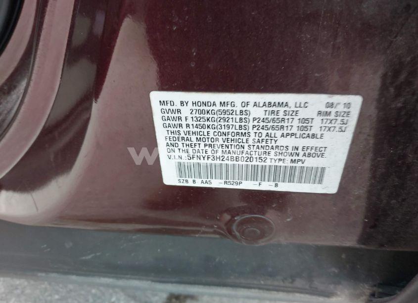 Photo 9 of 2011 Honda Pilot LX (VIN 5FNYF3H24BB020152)