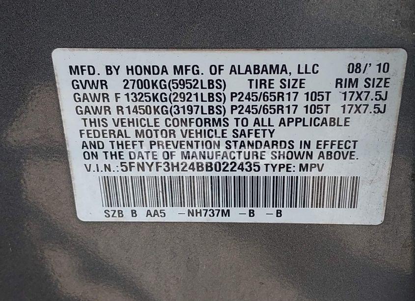 Photo 9 of 2011 Honda Pilot LX (VIN 5FNYF3H24BB022435)