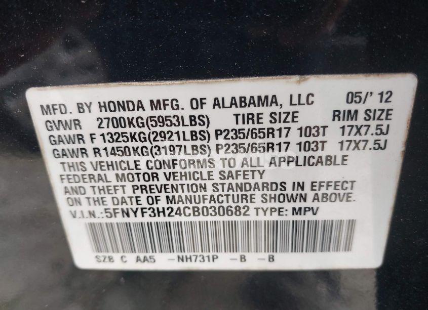 Photo 9 of 2012 Honda Pilot LX (VIN 5FNYF3H24CB030682)