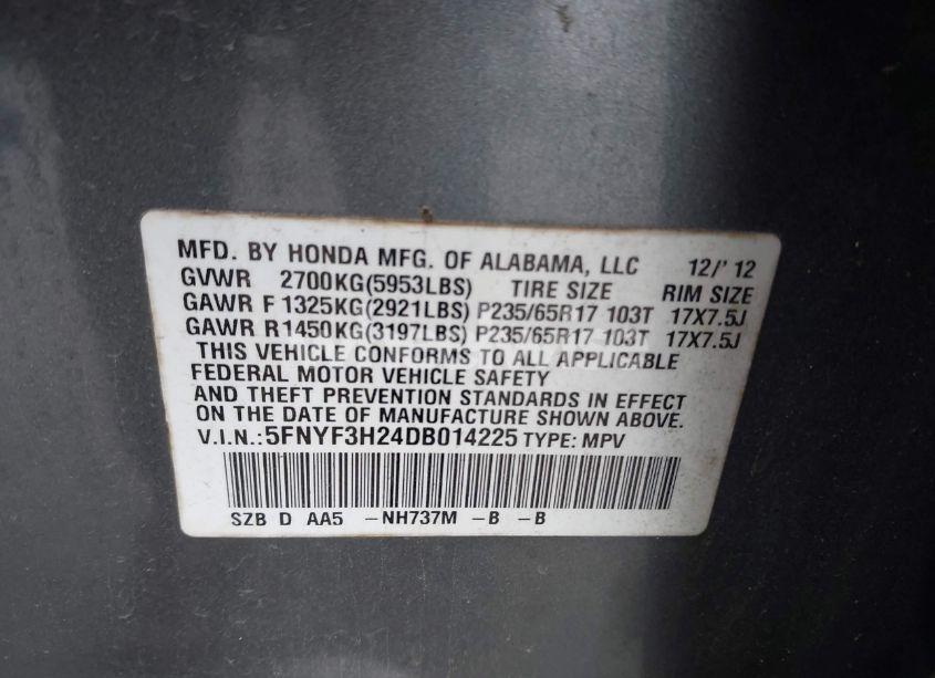 Photo 9 of 2013 Honda Pilot LX (VIN 5FNYF3H24DB014225)