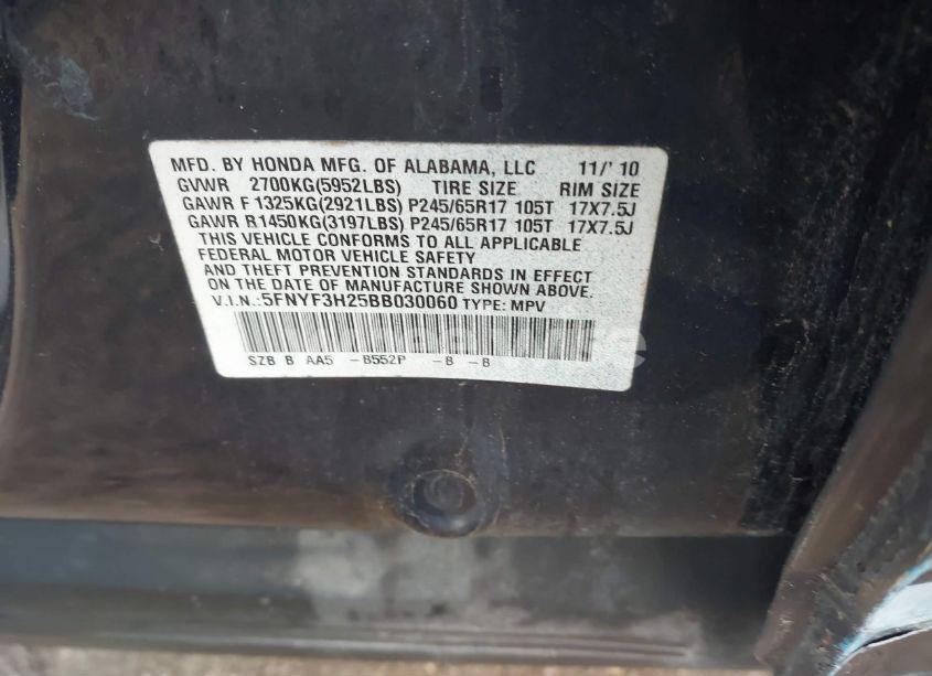 Photo 9 of 2011 Honda Pilot LX (VIN 5FNYF3H25BB030060)