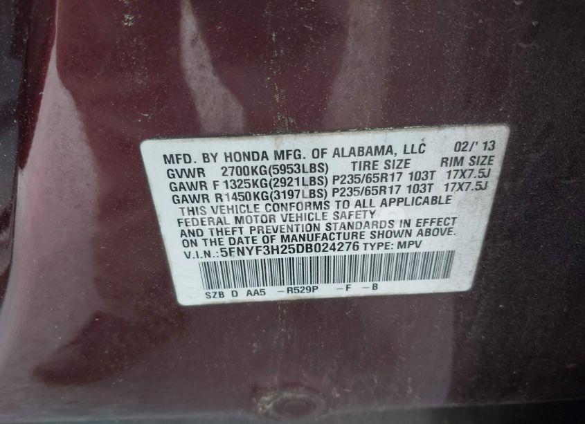 Photo 9 of 2013 Honda Pilot LX (VIN 5FNYF3H25DB024276)