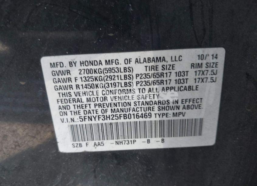 Photo 9 of 2015 Honda Pilot LX (VIN 5FNYF3H25FB016469)