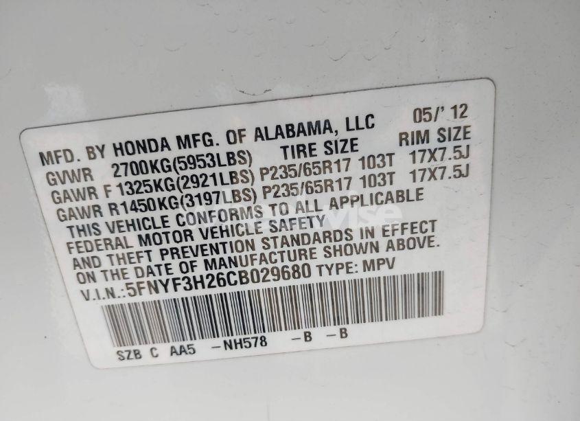 Photo 9 of 2012 Honda Pilot LX (VIN 5FNYF3H26CB029680)