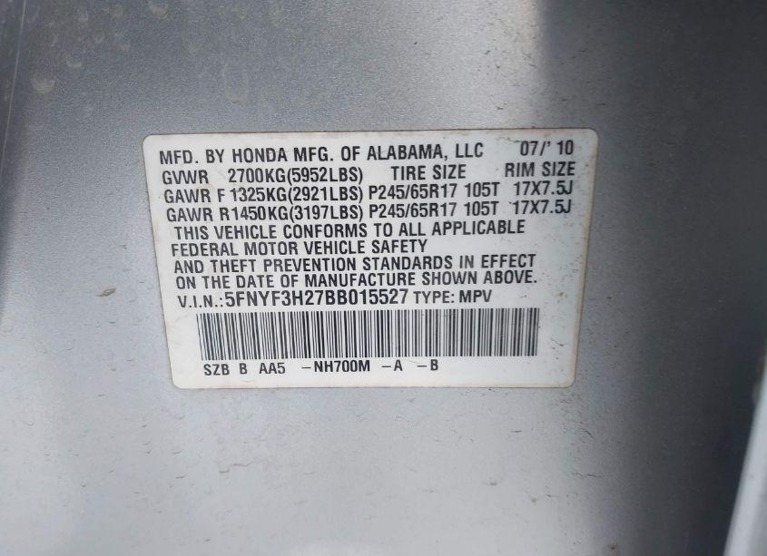 Photo 9 of 2011 Honda Pilot LX (VIN 5FNYF3H27BB015527)