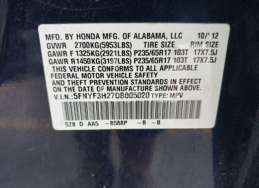 Photo 9 of 2013 Honda Pilot LX (VIN 5FNYF3H27DB005020)