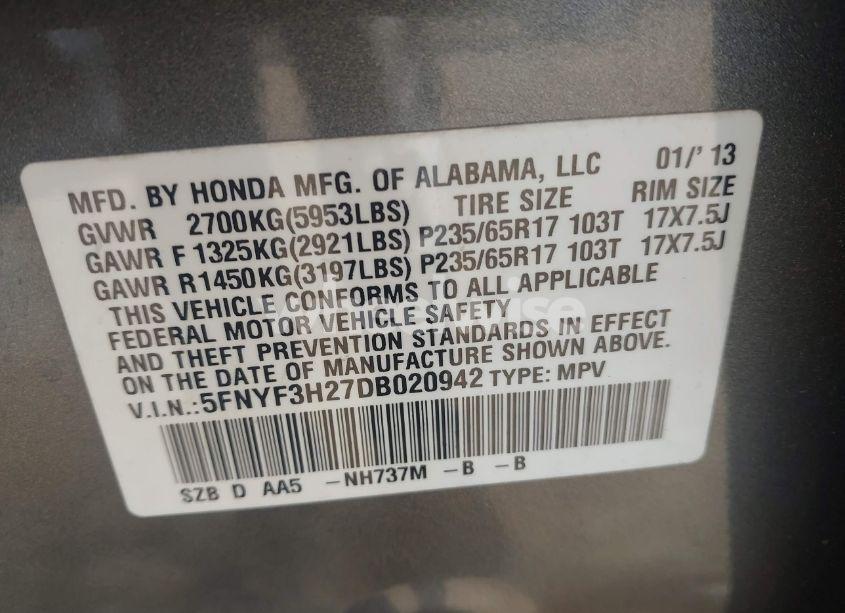 Photo 9 of 2013 Honda Pilot LX (VIN 5FNYF3H27DB020942)