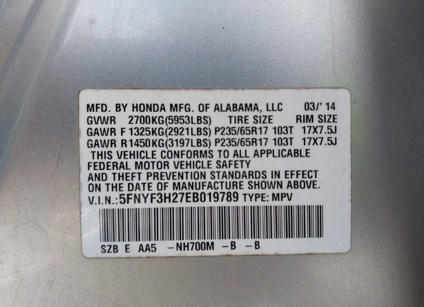 Photo 9 of 2014 Honda Pilot LX (VIN 5FNYF3H27EB019789)