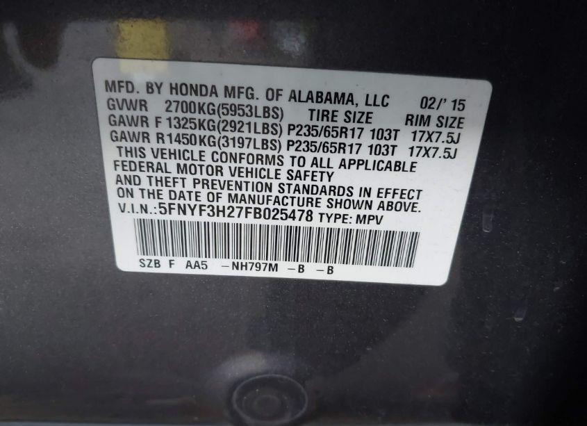 Photo 9 of 2015 Honda Pilot LX (VIN 5FNYF3H27FB025478)