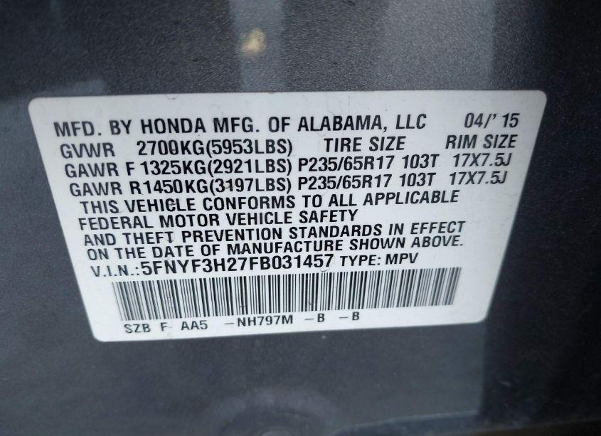 Photo 9 of 2015 Honda Pilot LX (VIN 5FNYF3H27FB031457)