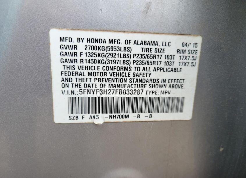 Photo 9 of 2015 Honda Pilot (VIN 5FNYF3H27FB033287)