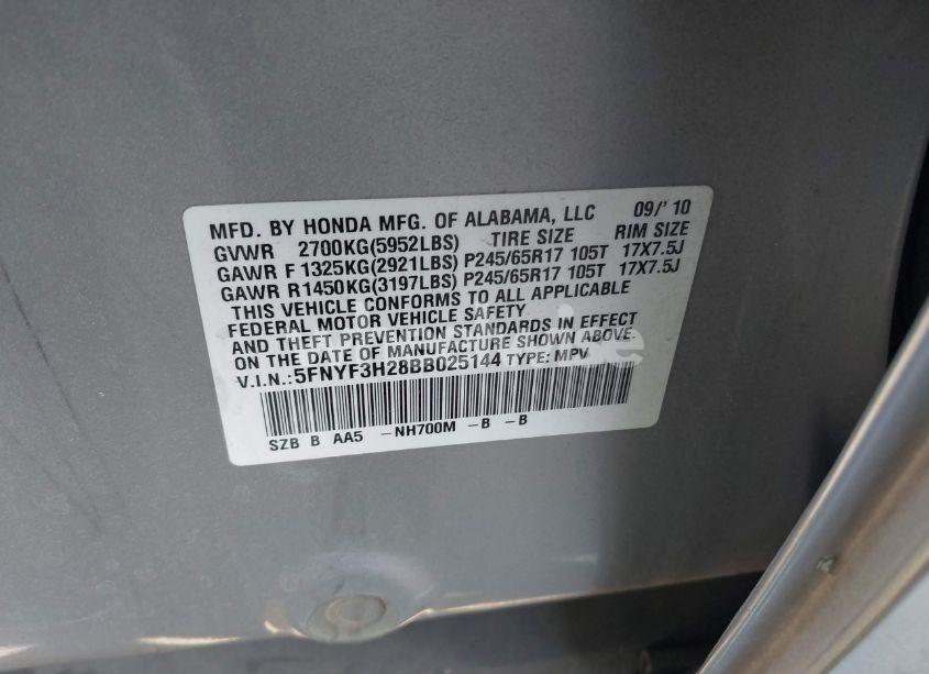 Photo 9 of 2011 Honda Pilot LX (VIN 5FNYF3H28BB025144)