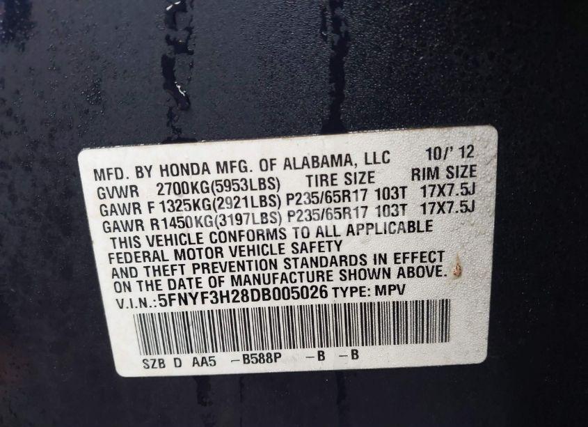 Photo 9 of 2013 Honda Pilot LX (VIN 5FNYF3H28DB005026)