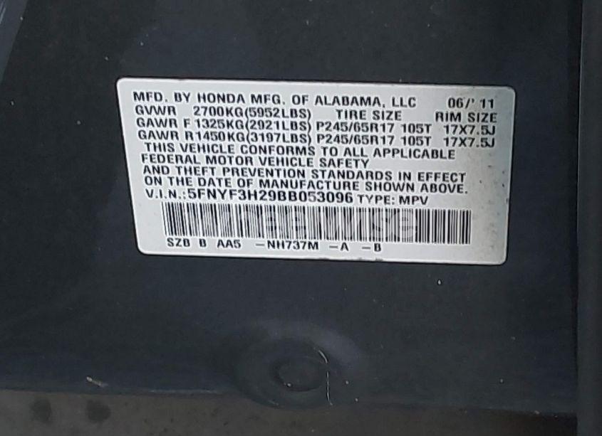 Photo 9 of 2011 Honda Pilot LX (VIN 5FNYF3H29BB053096)