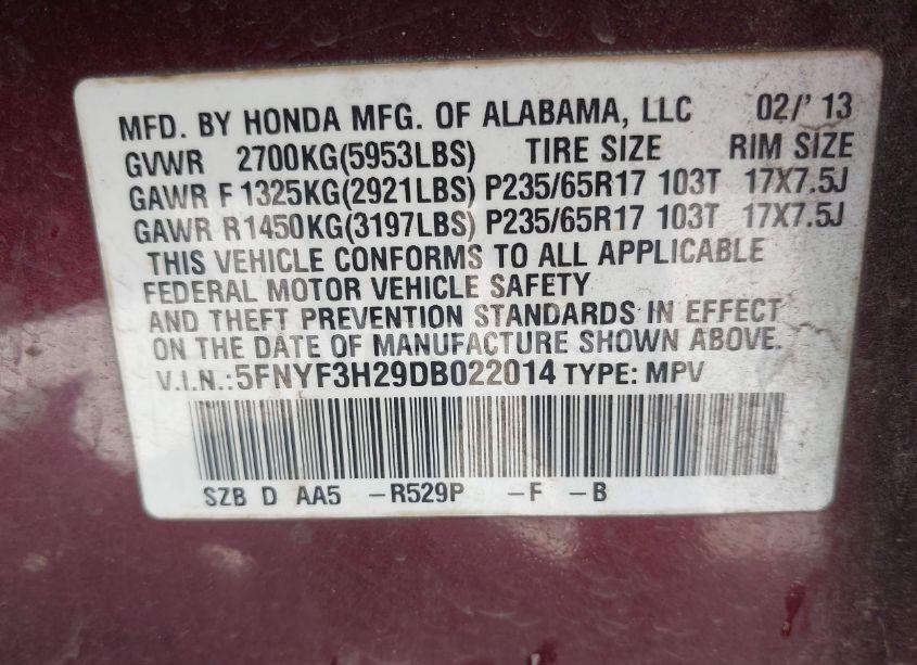 Photo 9 of 2013 Honda Pilot LX (VIN 5FNYF3H29DB022014)