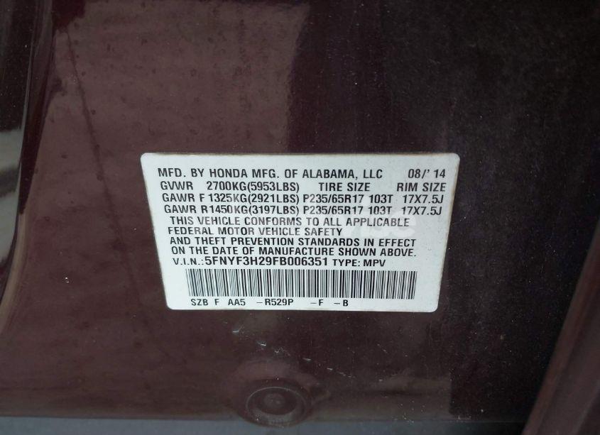 Photo 9 of 2015 Honda Pilot LX (VIN 5FNYF3H29FB006351)