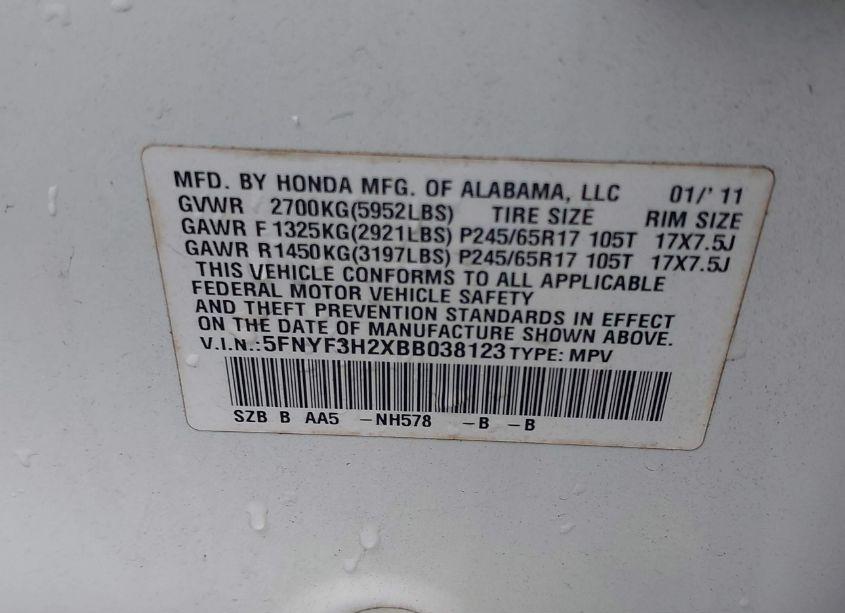 Photo 9 of 2011 Honda Pilot LX (VIN 5FNYF3H2XBB038123)