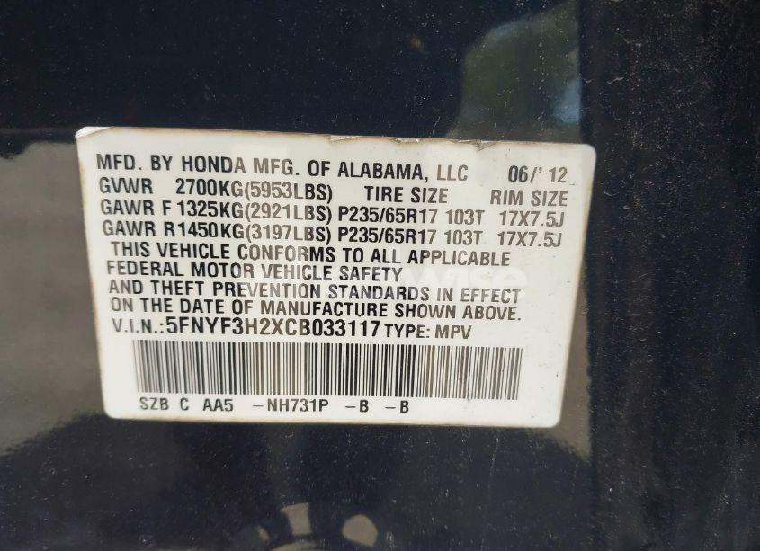 Photo 9 of 2012 Honda Pilot LX (VIN 5FNYF3H2XCB033117)