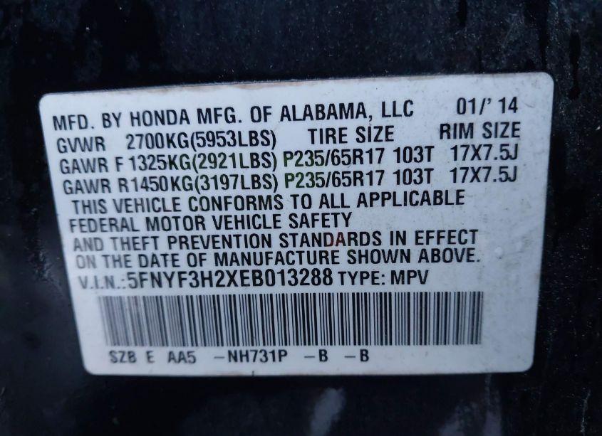 Photo 9 of 2014 Honda Pilot LX (VIN 5FNYF3H2XEB013288)