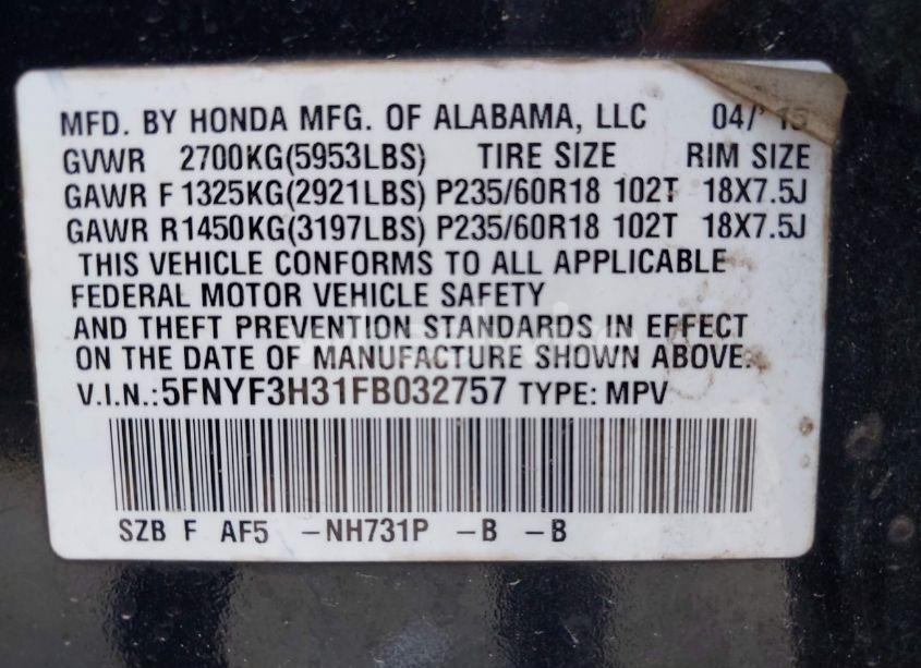 Photo 9 of 2015 Honda Pilot SE (VIN 5FNYF3H31FB032757)