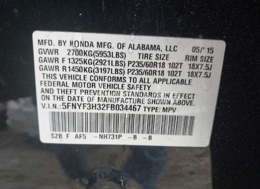 Photo 9 of 2015 Honda Pilot SE (VIN 5FNYF3H32FB034467)