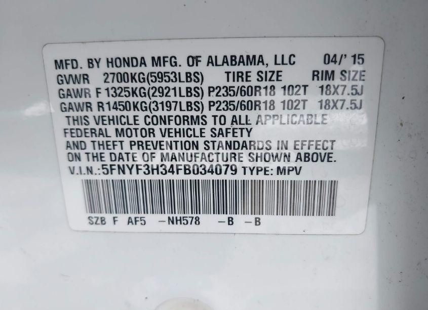 Photo 9 of 2015 Honda Pilot SE (VIN 5FNYF3H34FB034079)