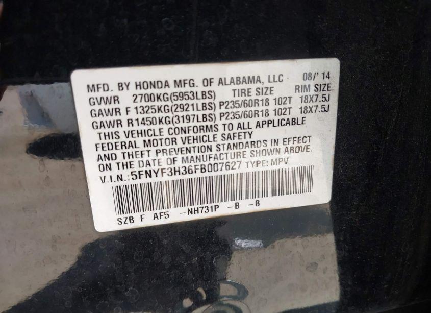 Photo 9 of 2015 Honda Pilot SE (VIN 5FNYF3H36FB007627)