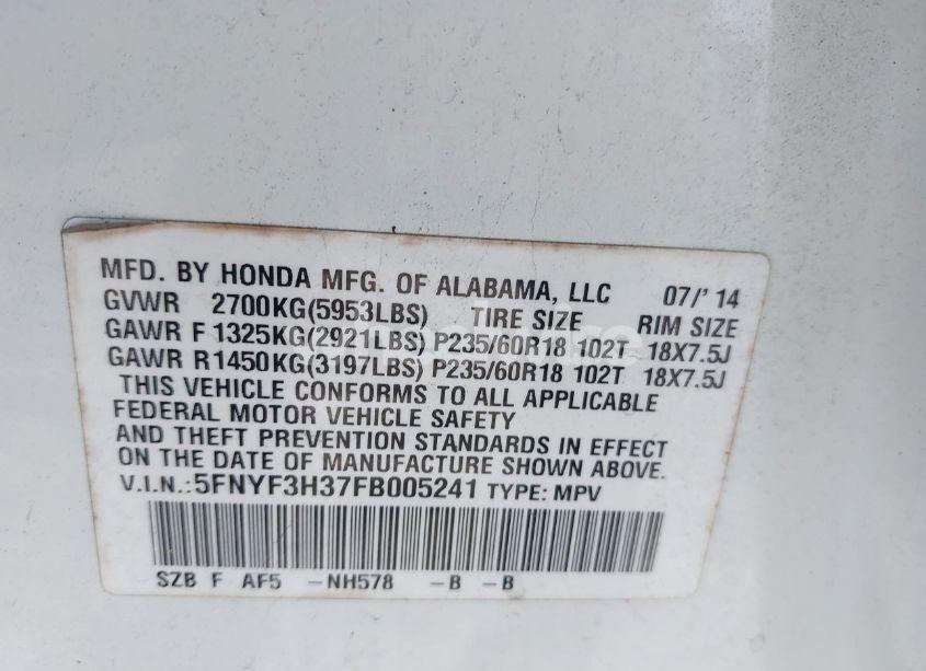 Photo 9 of 2015 Honda Pilot SE (VIN 5FNYF3H37FB005241)