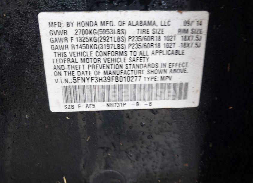 Photo 9 of 2015 Honda Pilot SE (VIN 5FNYF3H39FB010277)