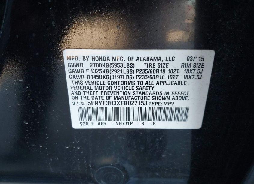 Photo 9 of 2015 Honda Pilot SE (VIN 5FNYF3H3XFB027153)