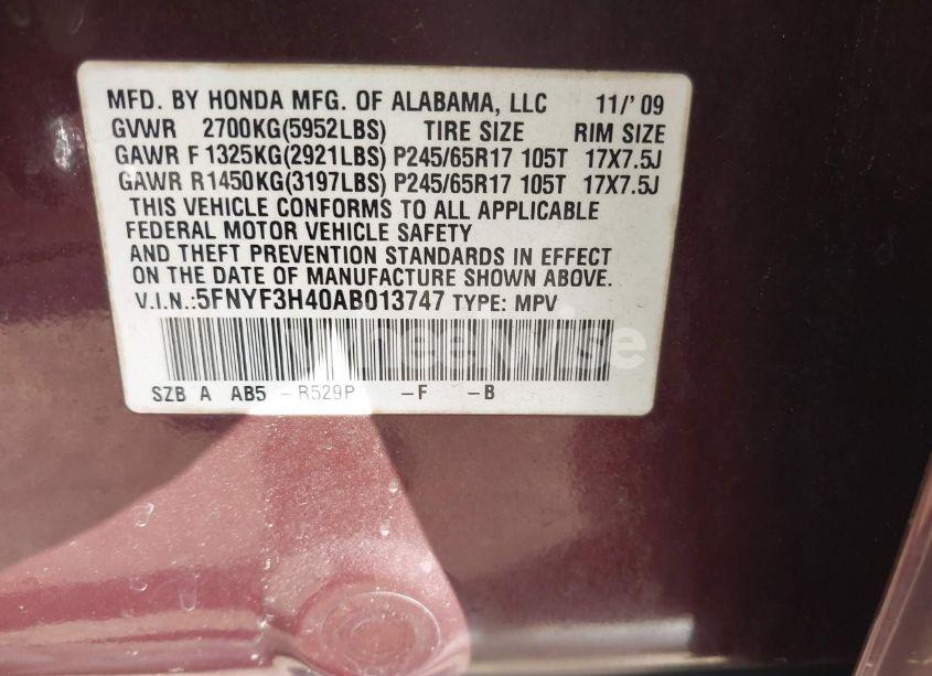 Photo 9 of 2010 Honda Pilot EX (VIN 5FNYF3H40AB013747)