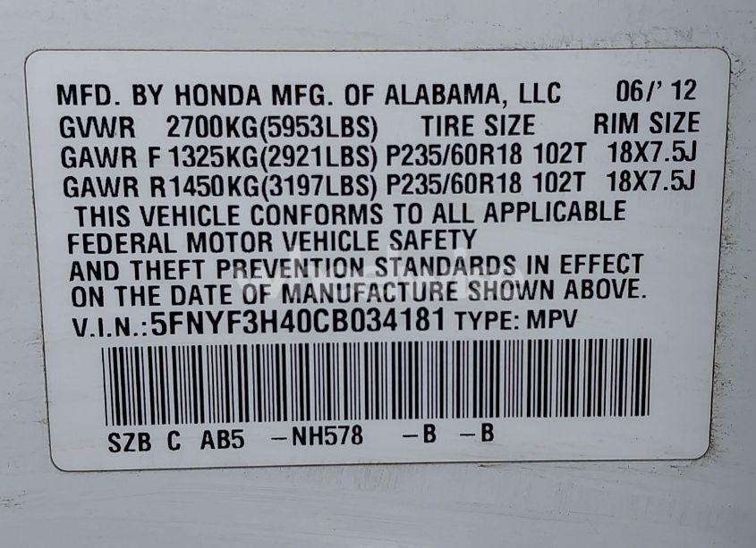 Photo 9 of 2012 Honda Pilot EX (VIN 5FNYF3H40CB034181)