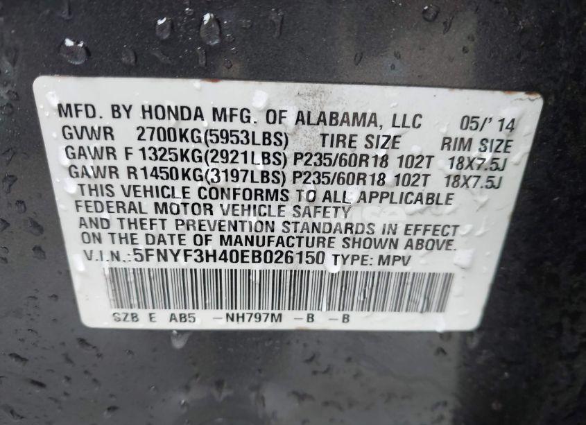 Photo 9 of 2014 Honda Pilot EX (VIN 5FNYF3H40EB026150)