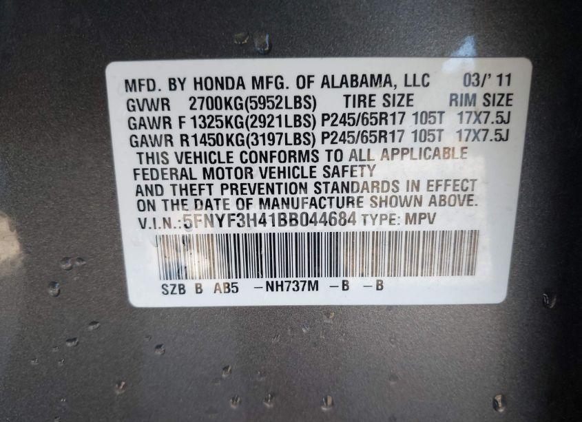 Photo 9 of 2011 Honda Pilot EX (VIN 5FNYF3H41BB044684)