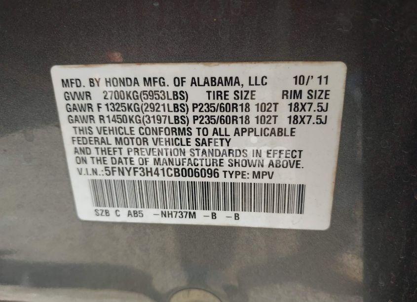 Photo 9 of 2012 Honda Pilot EX (VIN 5FNYF3H41CB006096)