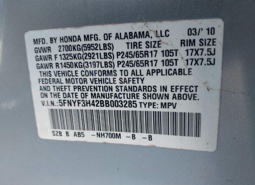 Photo 9 of 2011 Honda Pilot EX (VIN 5FNYF3H42BB003285)
