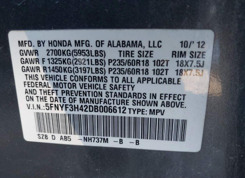 Photo 9 of 2013 Honda Pilot EX (VIN 5FNYF3H42DB006612)