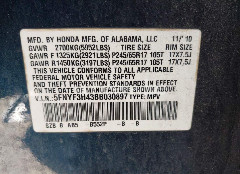 Photo 9 of 2011 Honda Pilot EX (VIN 5FNYF3H43BB030897)