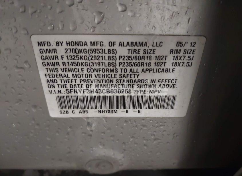 Photo 9 of 2012 Honda Pilot EX (VIN 5FNYF3H43CB030268)