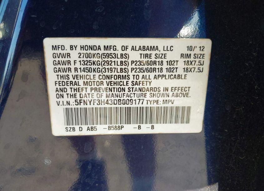 Photo 9 of 2013 Honda Pilot EX (VIN 5FNYF3H43DB009177)