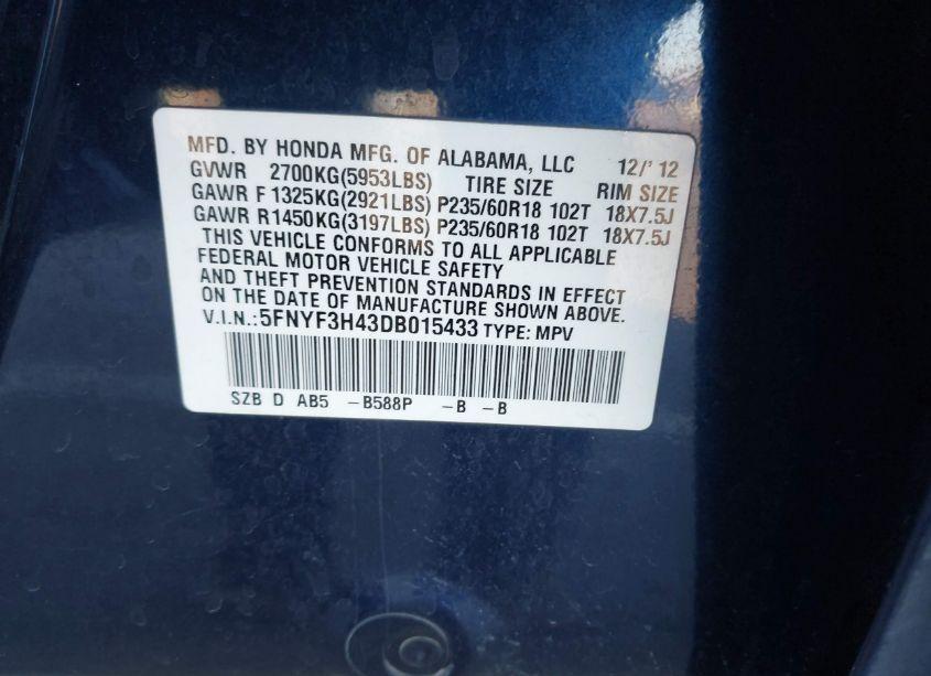 Photo 9 of 2013 Honda Pilot EX (VIN 5FNYF3H43DB015433)