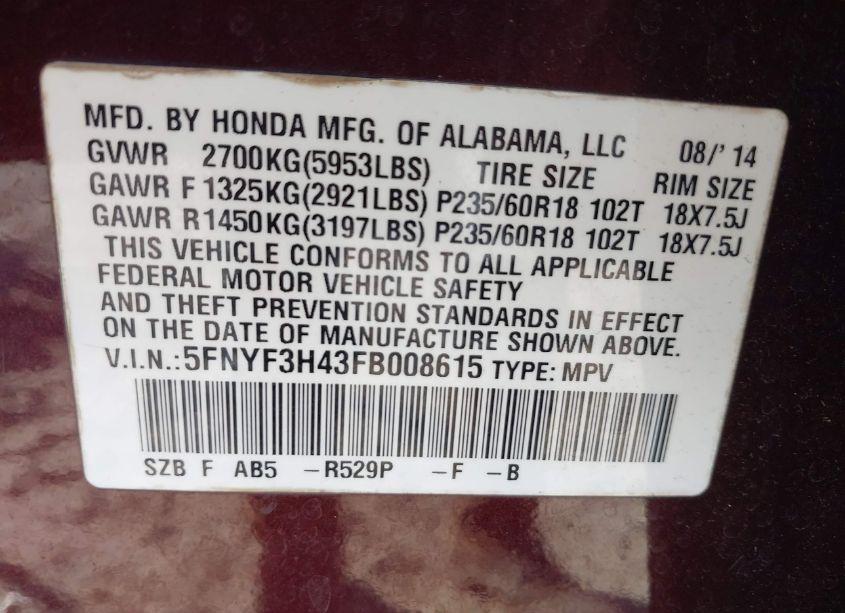 Photo 9 of 2015 Honda Pilot EX (VIN 5FNYF3H43FB008615)