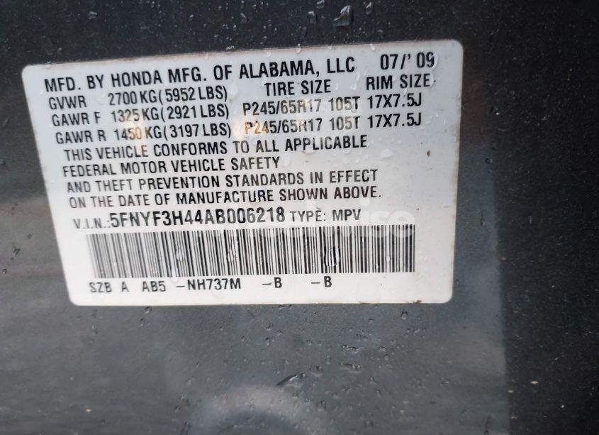 Photo 9 of 2010 Honda Pilot EX (VIN 5FNYF3H44AB006218)
