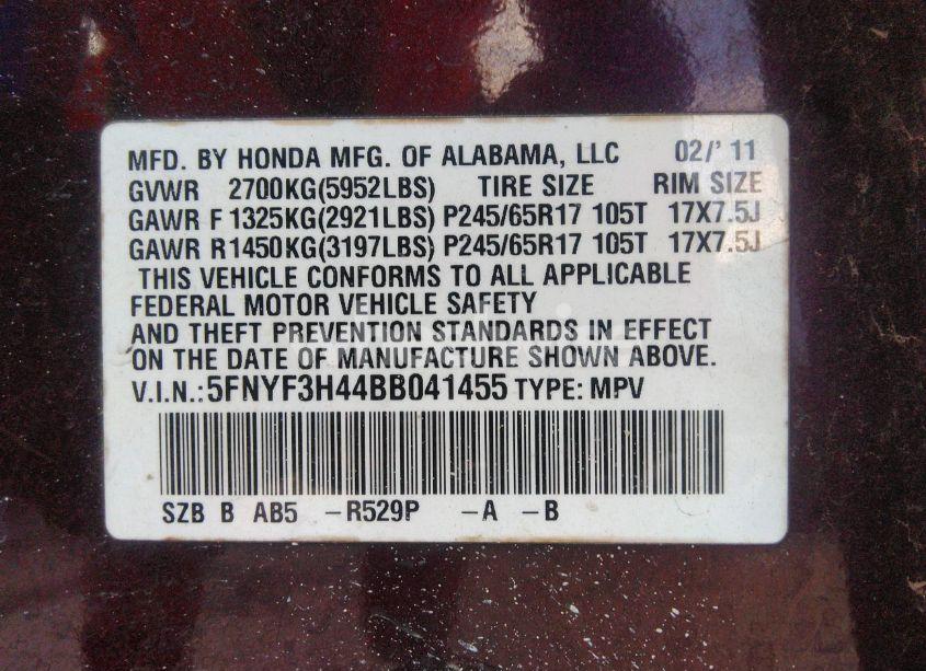 Photo 9 of 2011 Honda Pilot EX (VIN 5FNYF3H44BB041455)