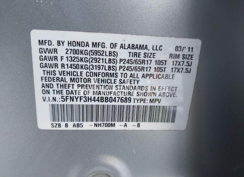 Photo 9 of 2011 Honda Pilot EX (VIN 5FNYF3H44BB047689)