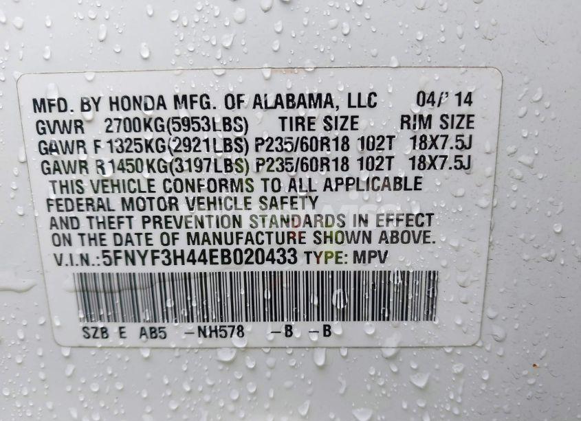 Photo 9 of 2014 Honda Pilot EX (VIN 5FNYF3H44EB020433)