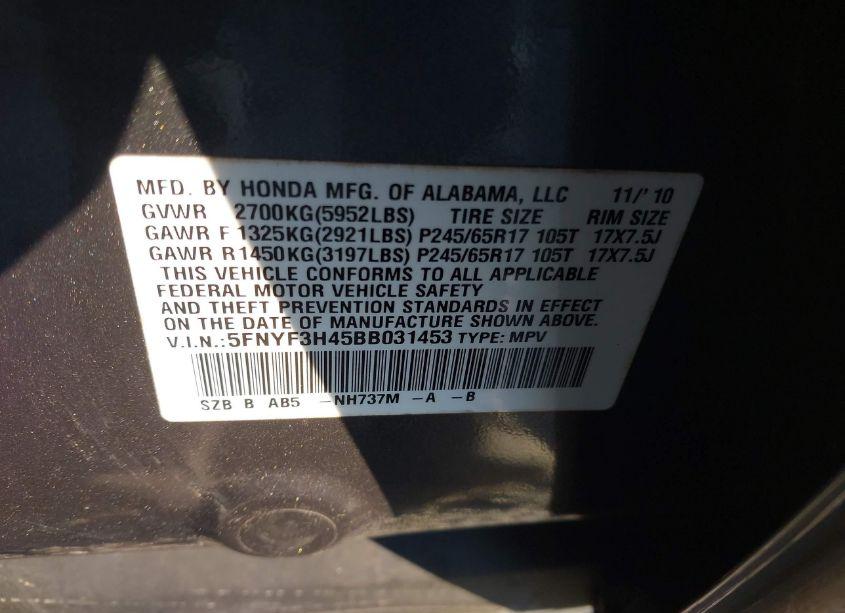 Photo 9 of 2011 Honda Pilot EX (VIN 5FNYF3H45BB031453)