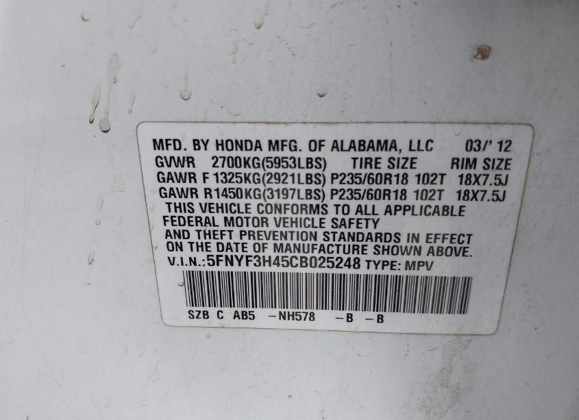 Photo 9 of 2012 Honda Pilot EX (VIN 5FNYF3H45CB025248)