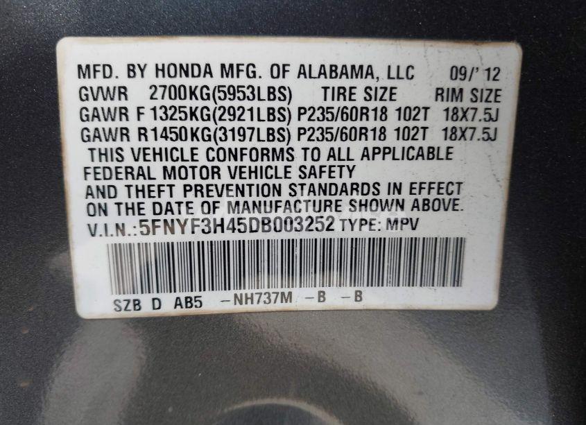 Photo 9 of 2013 Honda Pilot EX (VIN 5FNYF3H45DB003252)